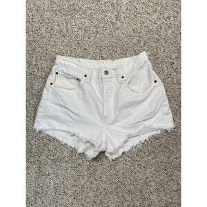 30 Levi's 501 High Rise 90S  Button Fly Distressed Raw Hem Shorts White